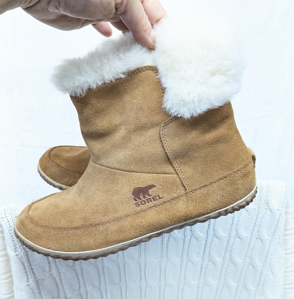 Sorel Women's Out N' About Brown Suede Leather Winter Boots White Fur Trim Sz 11 - Picture 4 of 7